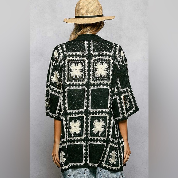 POL Button Down Openwork Floral Crochet Shirt with Granny Square Pattern - Picture 3 of 5